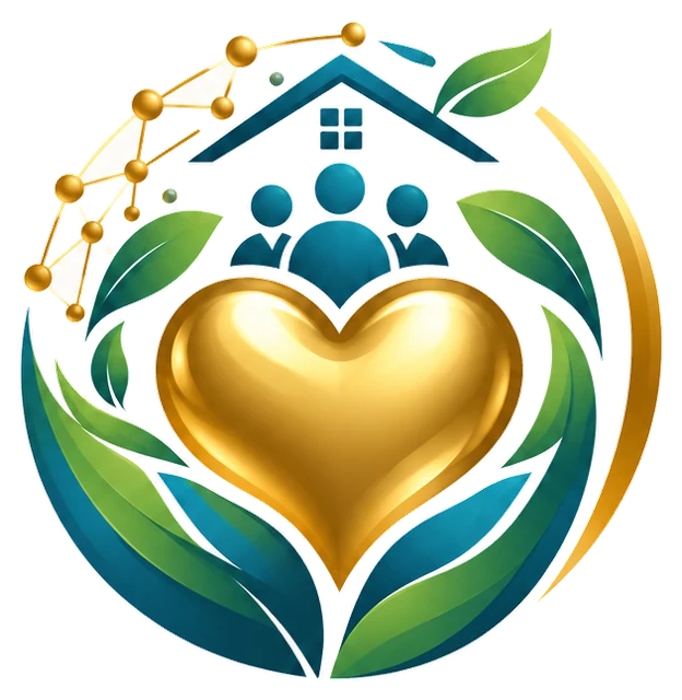 Emblema de Golden Heart: un corazón dorado entre hojas y personas bajo un mismo techo